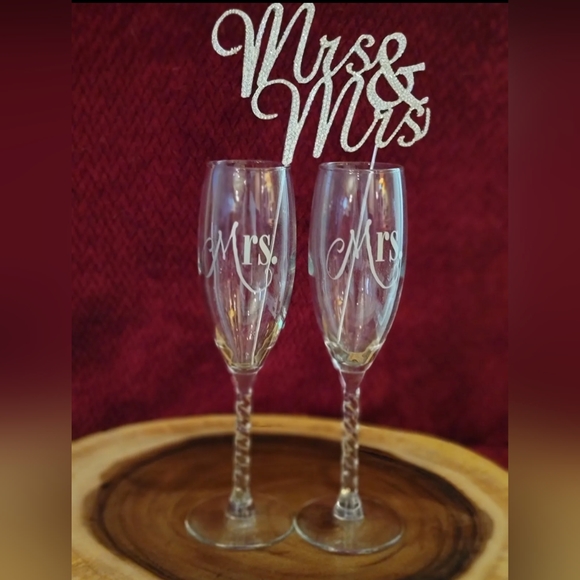 Mrs. & Mrs. Silver LGBTQ Wedding Champagne Flute and Cake Topper - Picture 1 of 6
